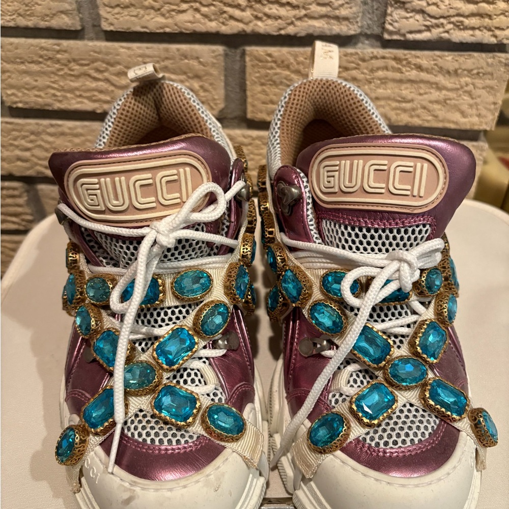 Gucci Flashtrek Metallic Pink/Purple Sneakers with Turquoise Accents